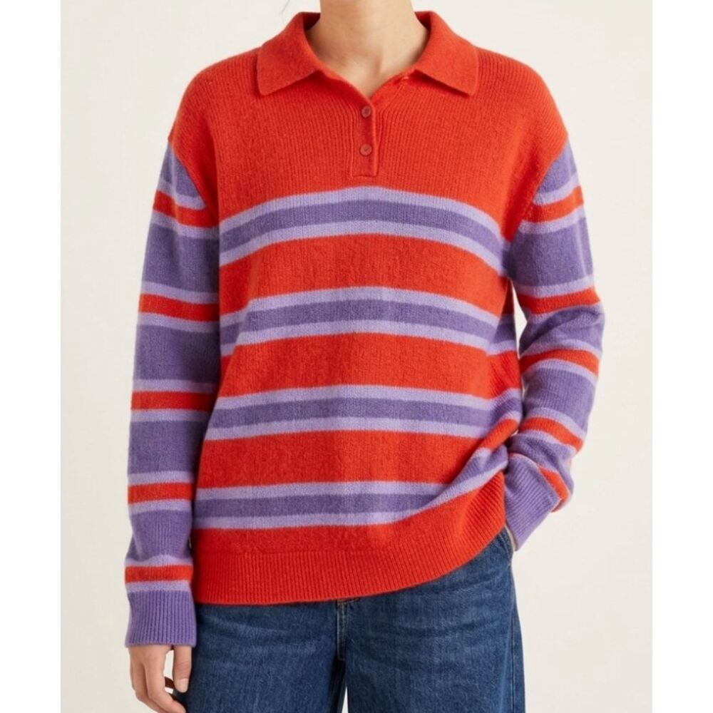 Xirena 100% Cashmere Striped Collared Oversized Pullover Sweater Red Purple Size